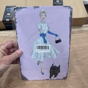 Metal Wall Sign Decor Woman In Blue Dress With A Black Dog